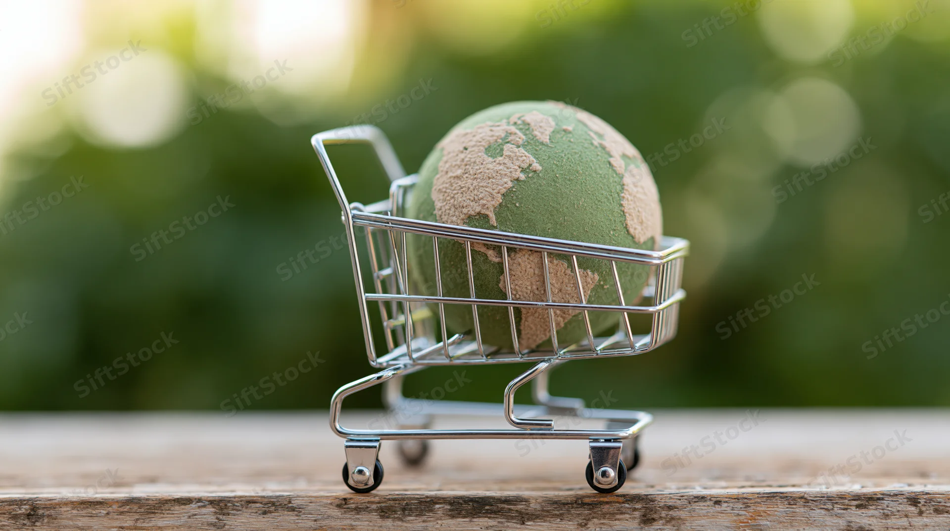 Miniature shopping cart holding a green and tan globe on a wooden surface outdoors