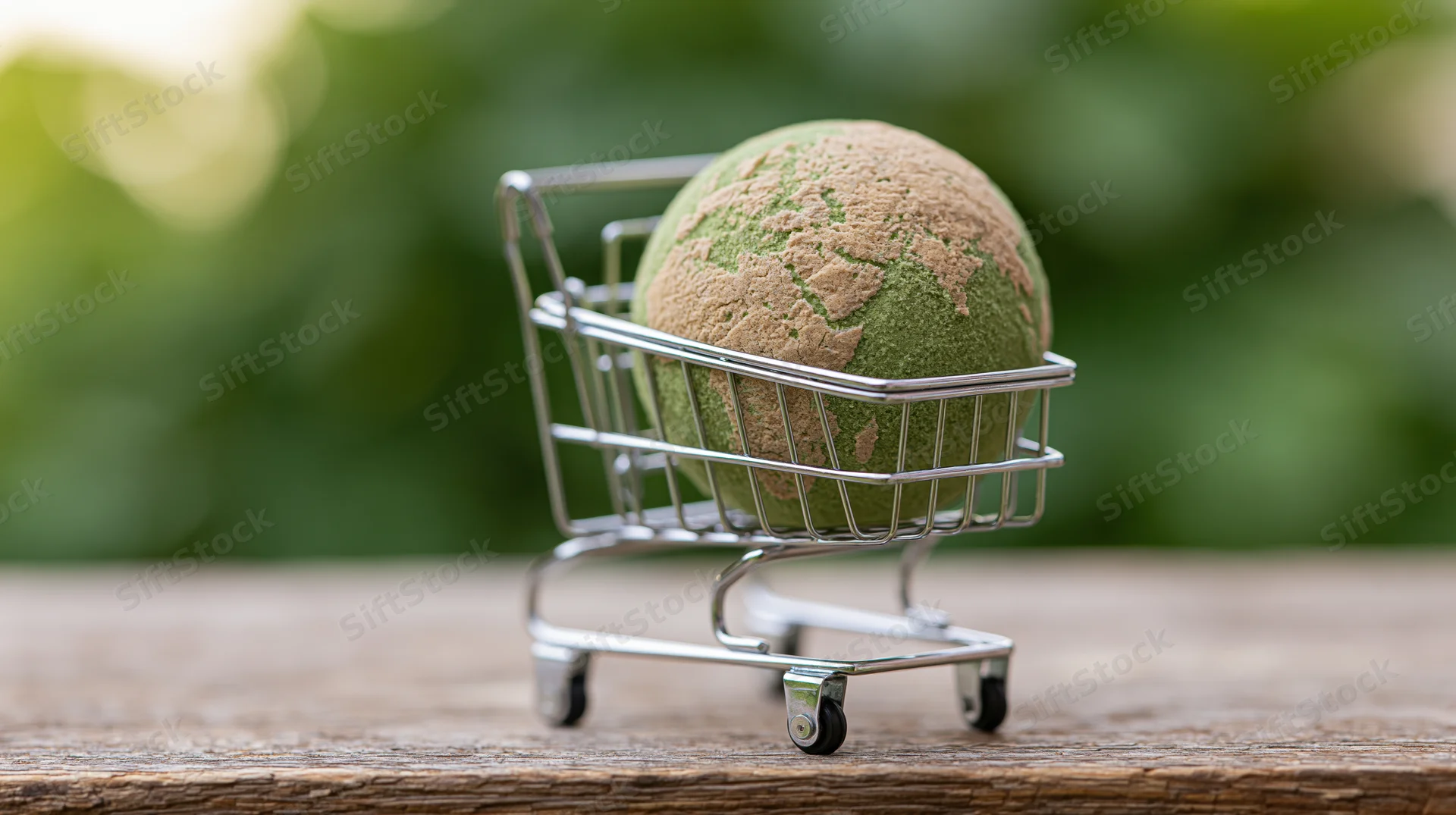 Miniature shopping cart holding a green and tan globe on a wooden table outdoors