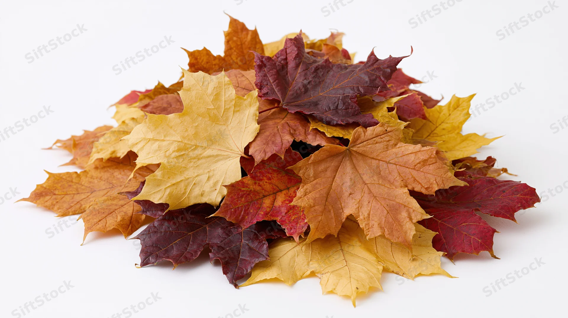 Pile of autumn maple leaves arranged in a low mound on white background