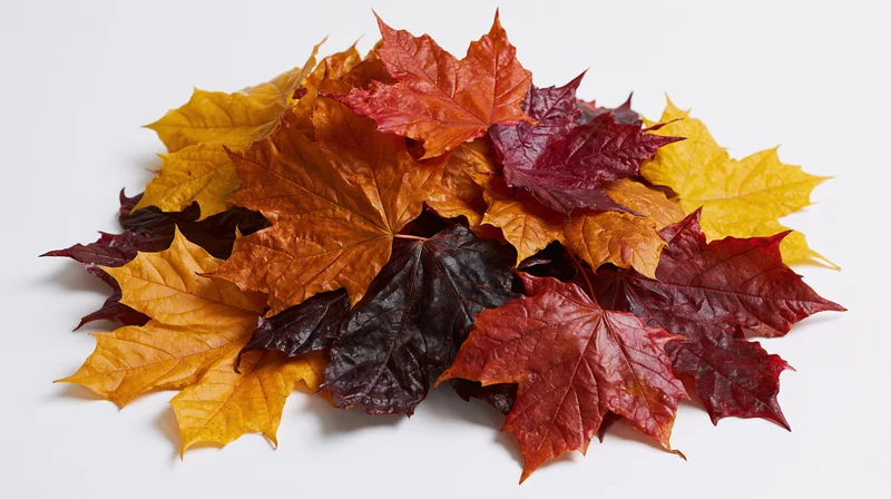 A pile of autumn maple leaves arranged in a low mound on a white surface