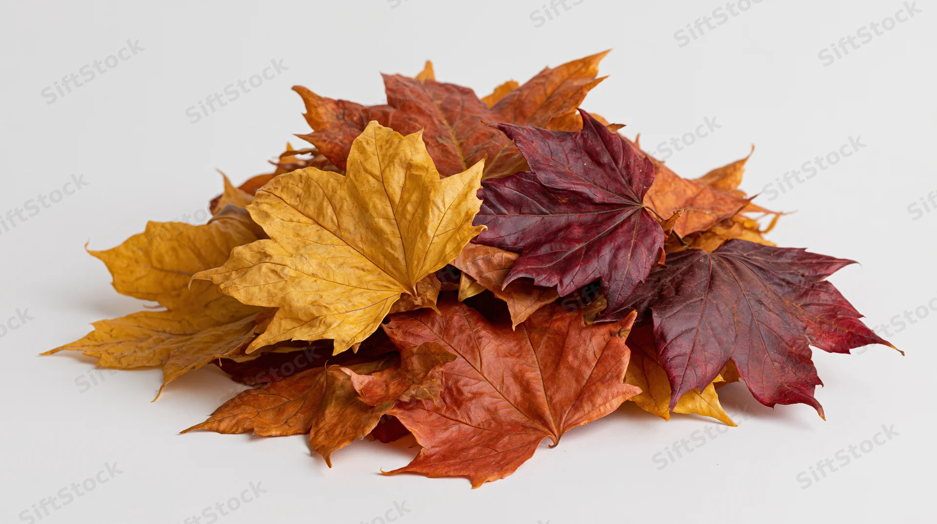 Pile of dried autumn maple leaves arranged in a low mound on white background