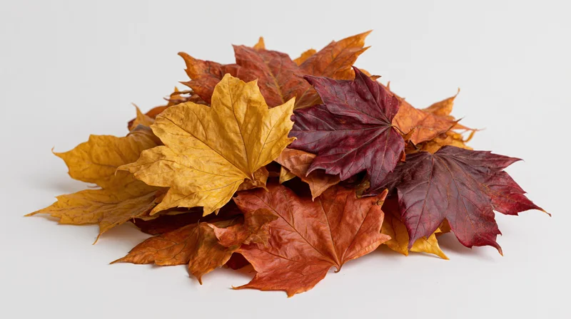 Pile of dried autumn maple leaves arranged in a low mound on white background
