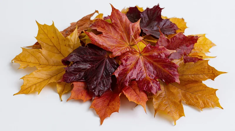 Pile of autumn maple leaves arranged in a low mound on white background
