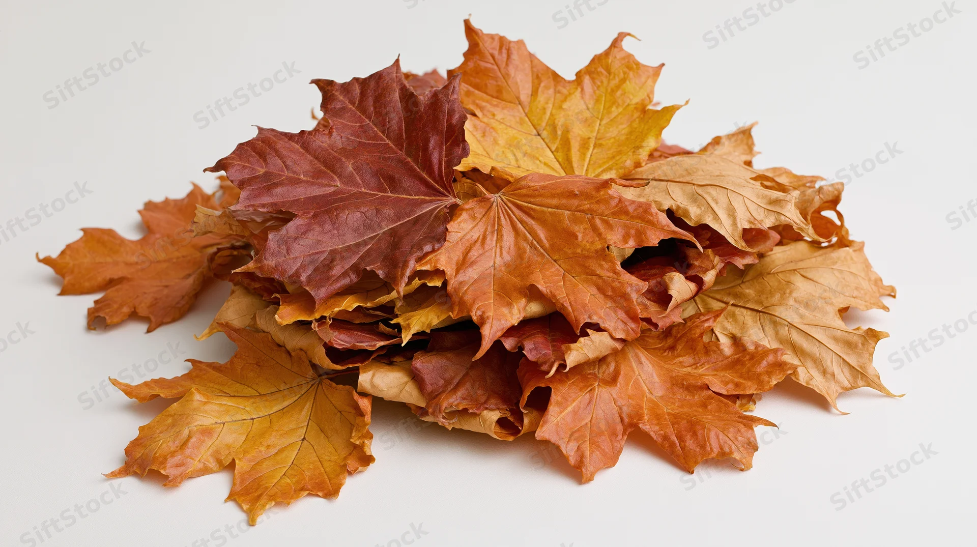 Pile of dried maple leaves heaped together on white background