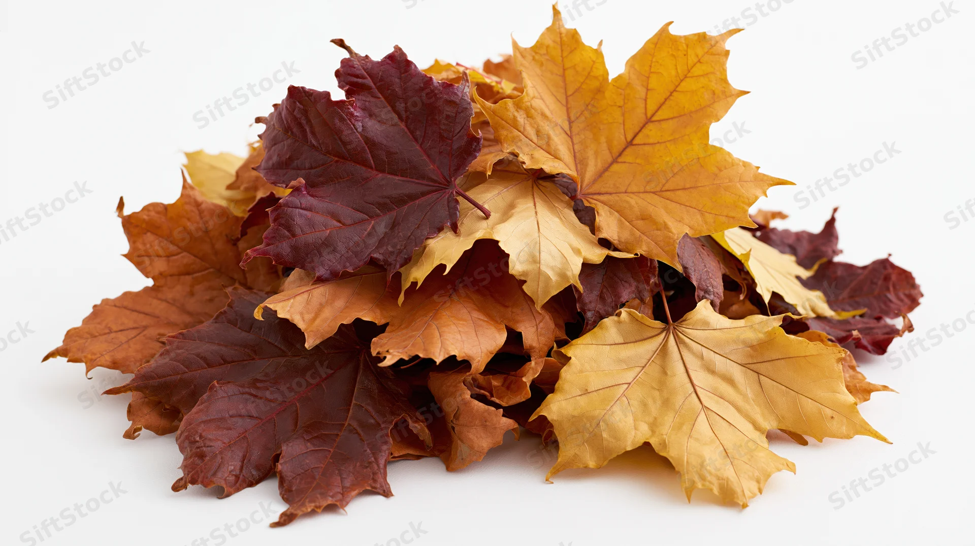 Pile of dried maple leaves in autumn colors isolated on white background