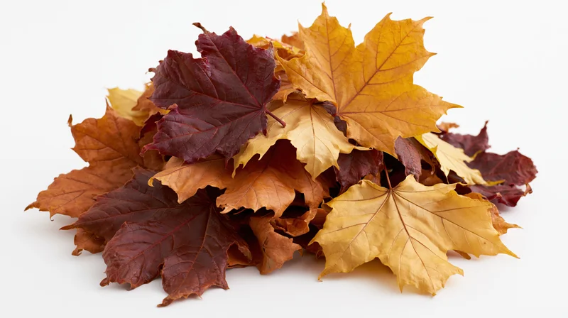 Pile of dried maple leaves in autumn colors isolated on white background