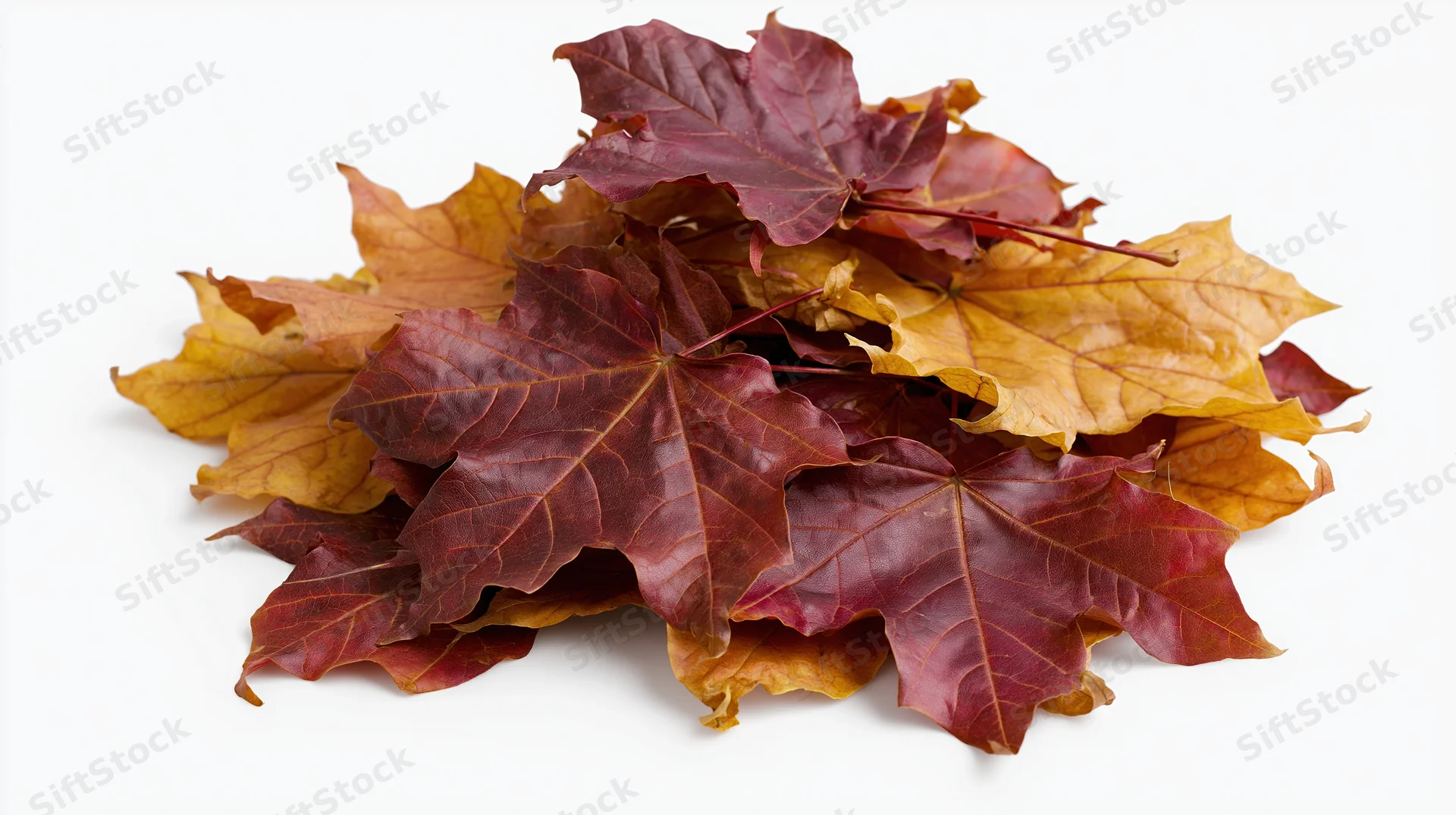 Pile of dried maple leaves in autumn colors isolated on white background