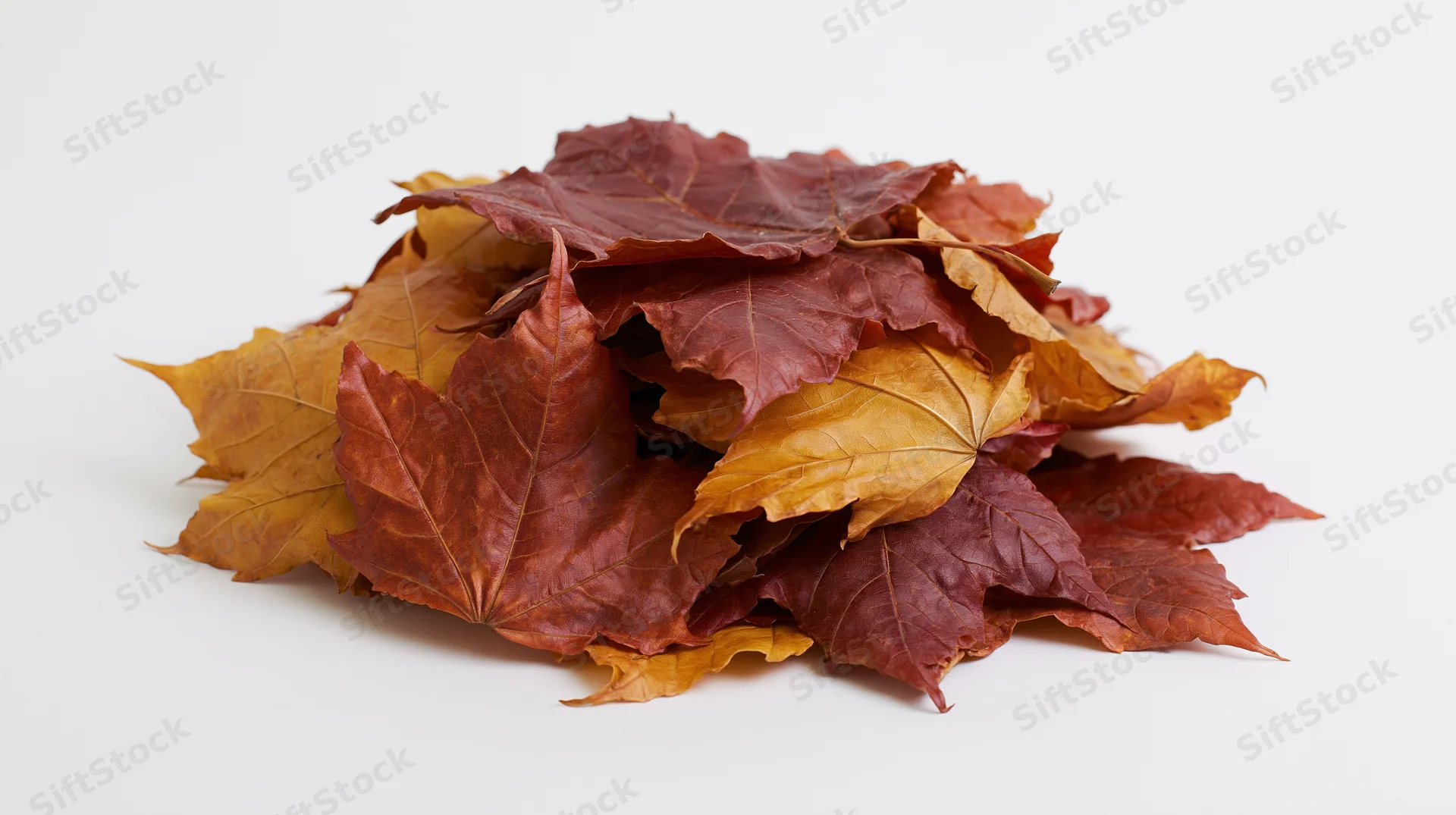 A pile of dried maple leaves heaped together on a white background