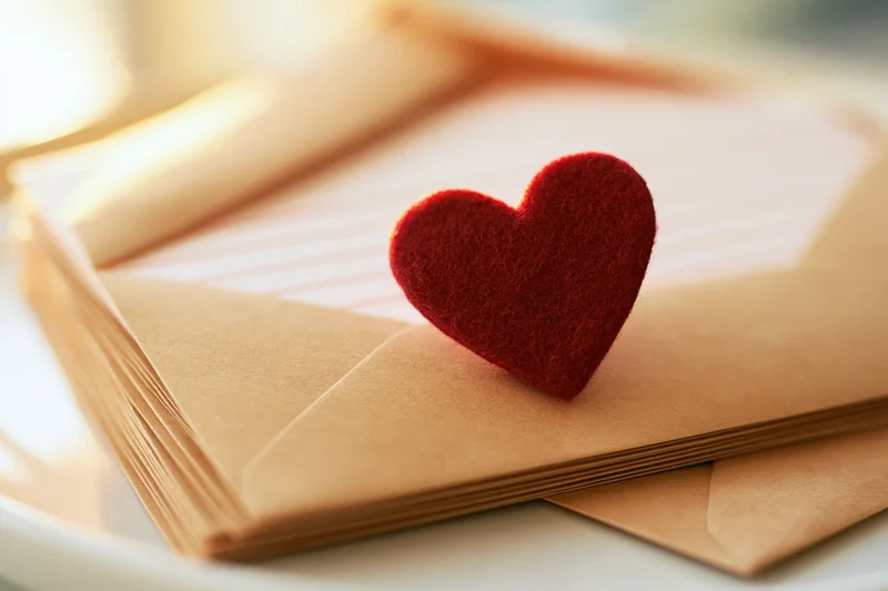 Red felt heart resting on stack of open kraft envelopes