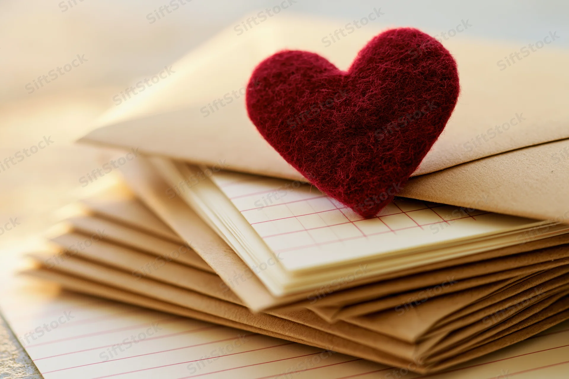 Red felt heart resting on stack of kraft envelopes and lined paper