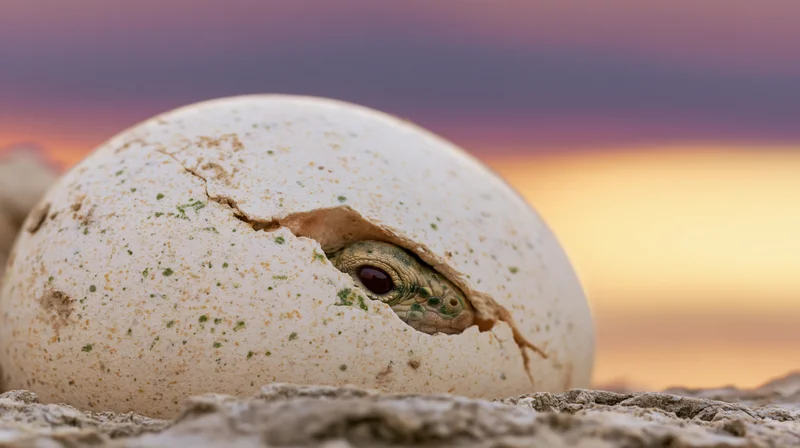 Baby reptile emerging from cracked egg on sandy ground at sunset