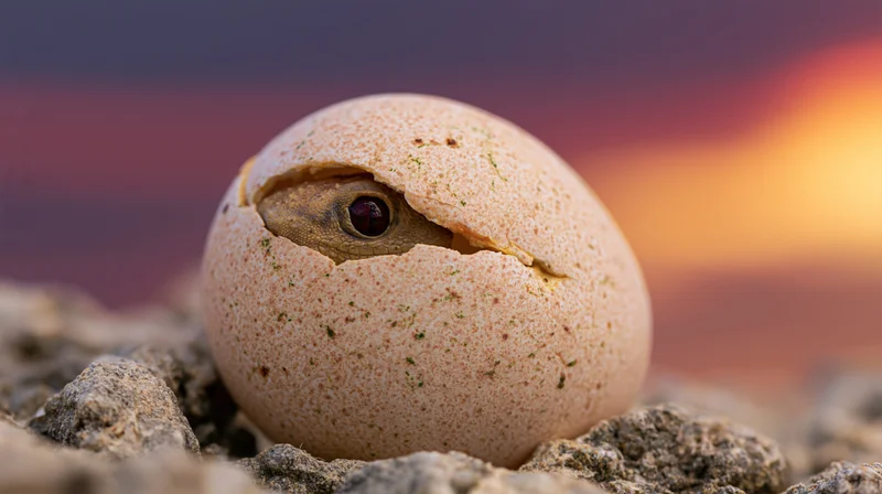 Baby reptile emerging from cracked egg in desert sand at sunset