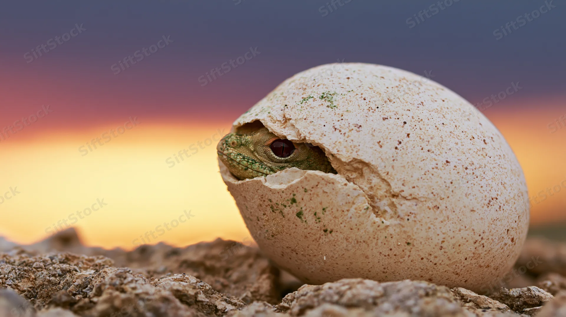 Baby lizard emerging from cracked egg on rocky ground at sunset