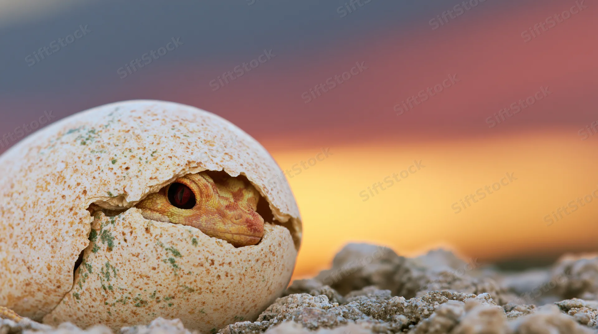 Baby reptile emerging from cracked egg in sand at sunset