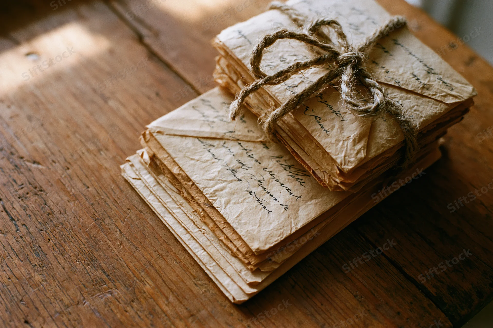 Stack of aged handwritten letters tied with twine on a wooden table