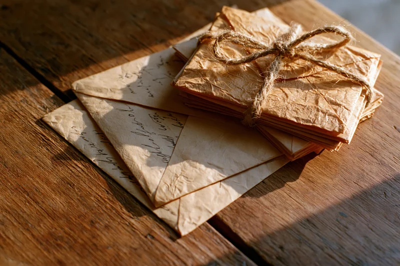Stack of aged handwritten letters and envelopes tied with twine on wooden table