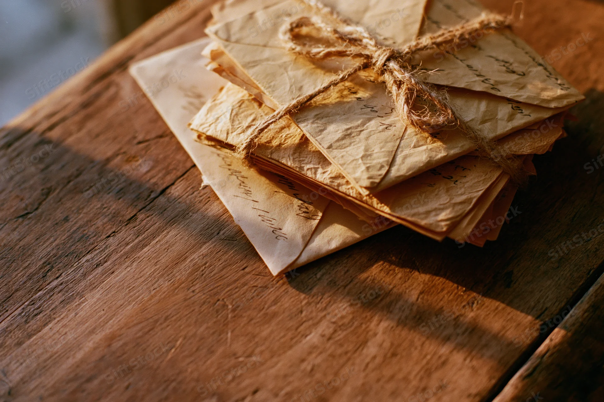 Stack of aged yellowed letters and envelopes tied with twine on a wooden table