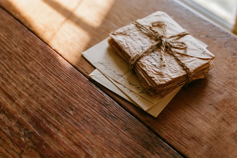 Stack of aged handwritten letters tied with twine on a rustic wooden table