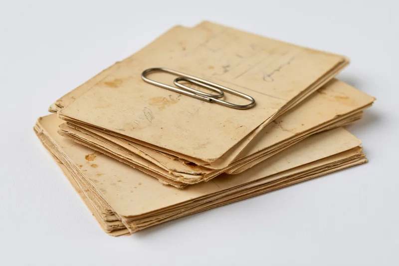 Stack of aged yellowed paper cards and postcards held together by a metal paperclip on white background