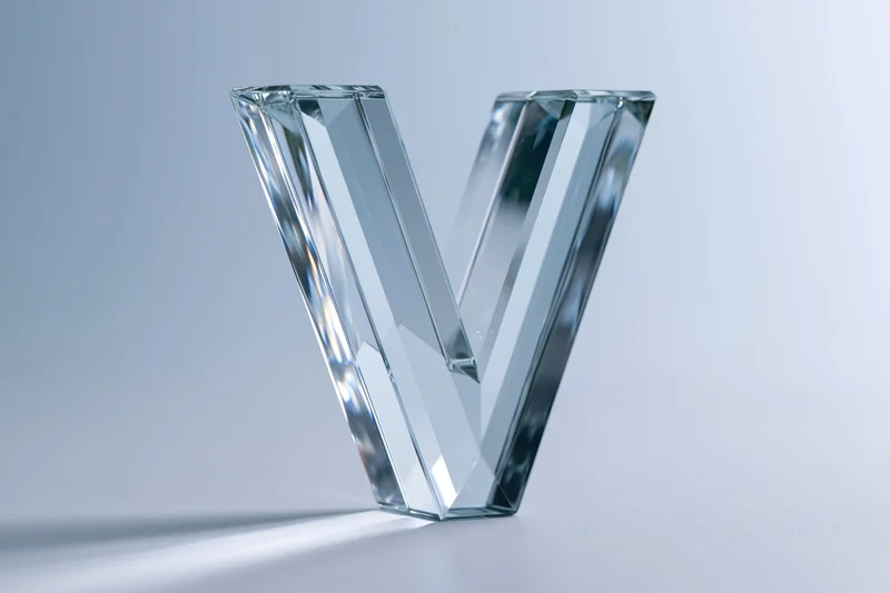Glass letter v sculpture standing upright on white surface in studio lighting