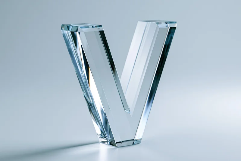Transparent glass letter v sculpture standing upright on white surface