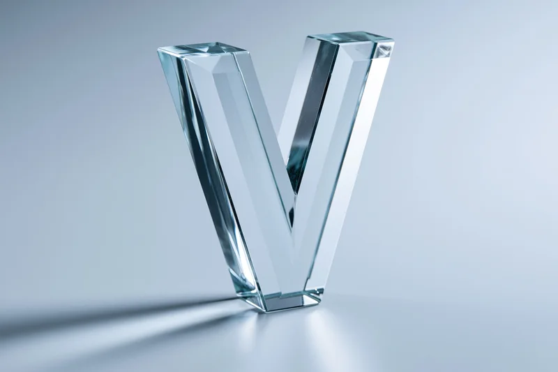 Glass letter v sculpture standing upright on a white surface with soft shadow and gradient background