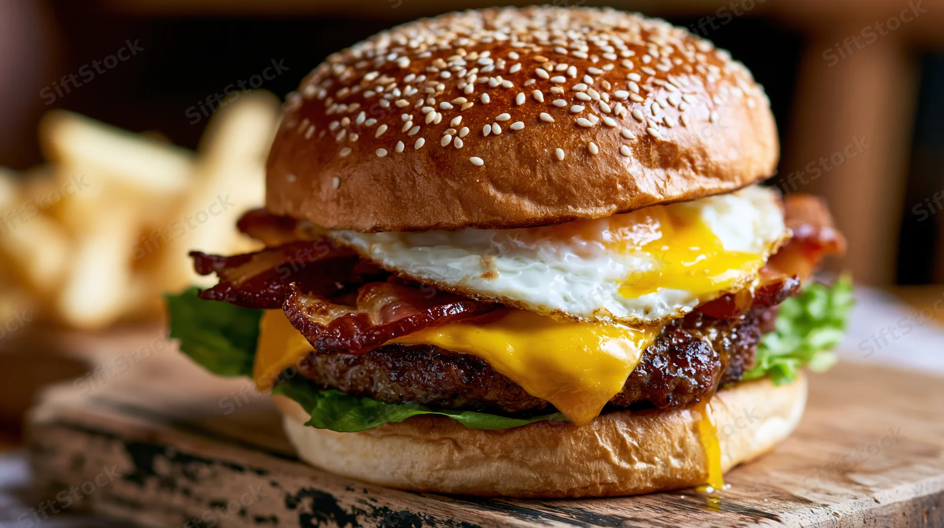Stacked bacon and egg cheeseburger on sesame seed bun with lettuce and cheese on wooden board