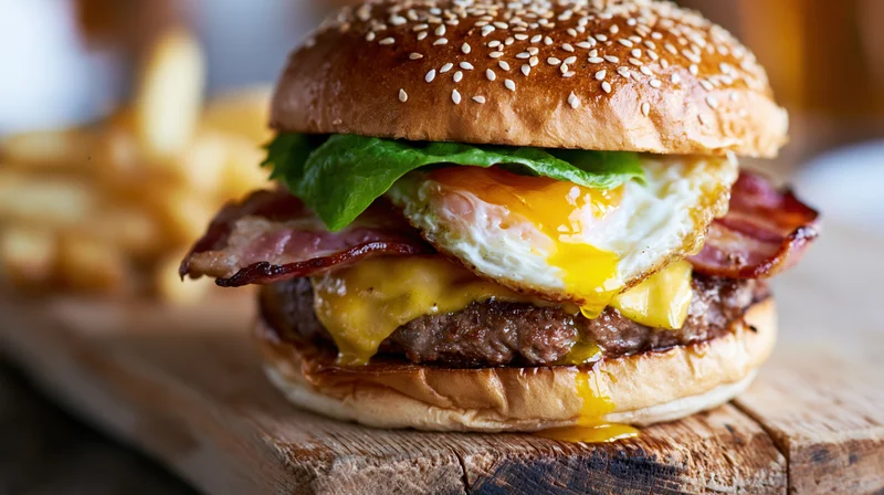 Stacked bacon and egg cheeseburger on sesame seed bun with runny yolk and melted cheese on wooden board