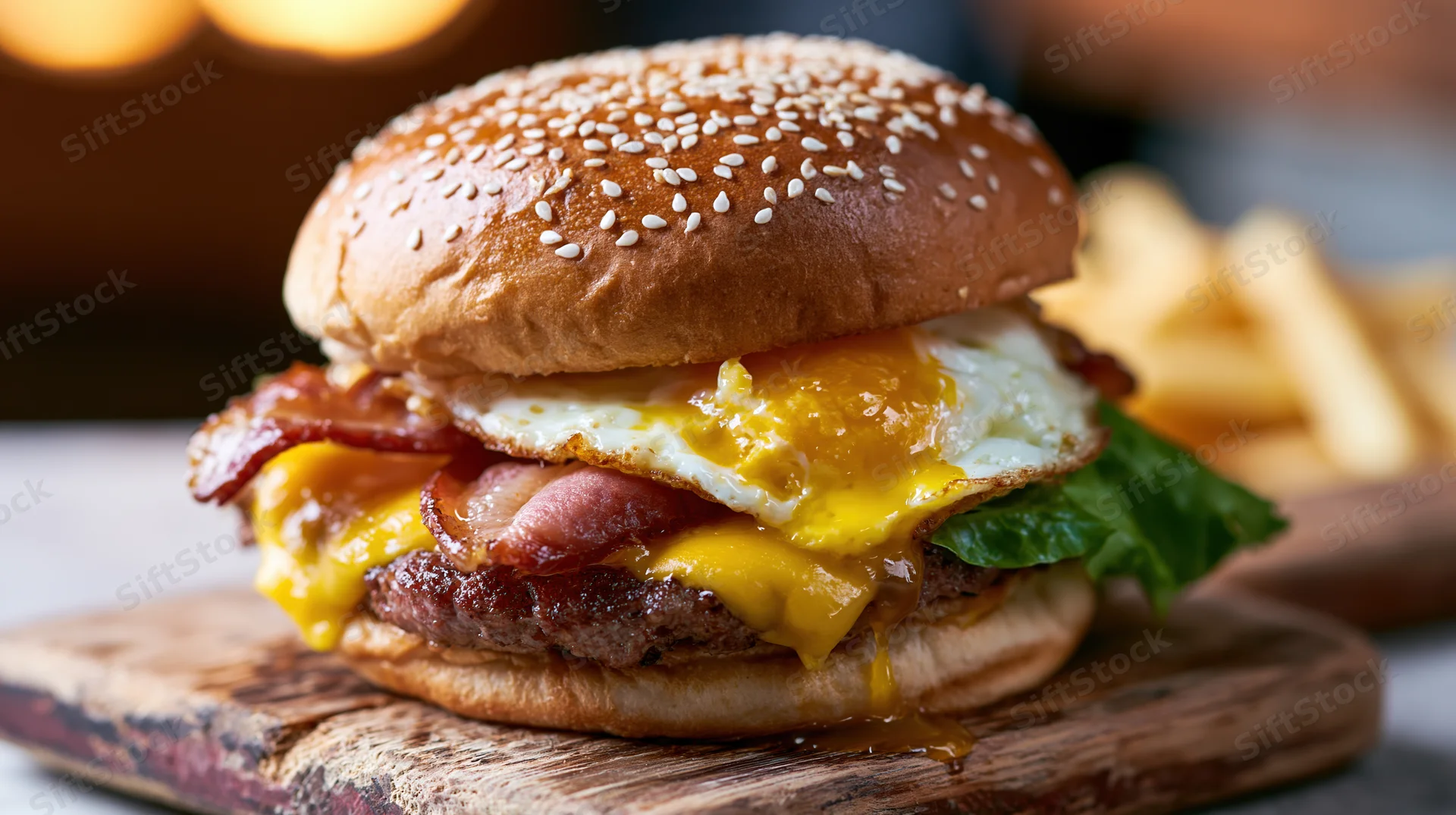 Stacked bacon and egg cheeseburger on sesame seed bun with melted cheese and lettuce on wooden board