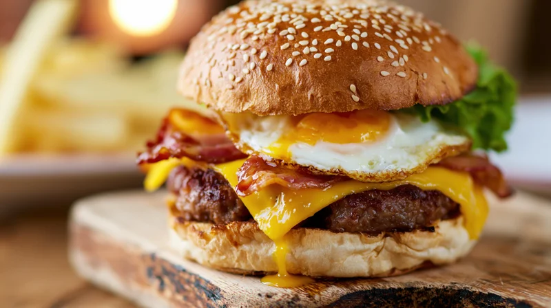 Stacked bacon and egg cheeseburger on sesame seed bun with melted cheese and lettuce on wooden board