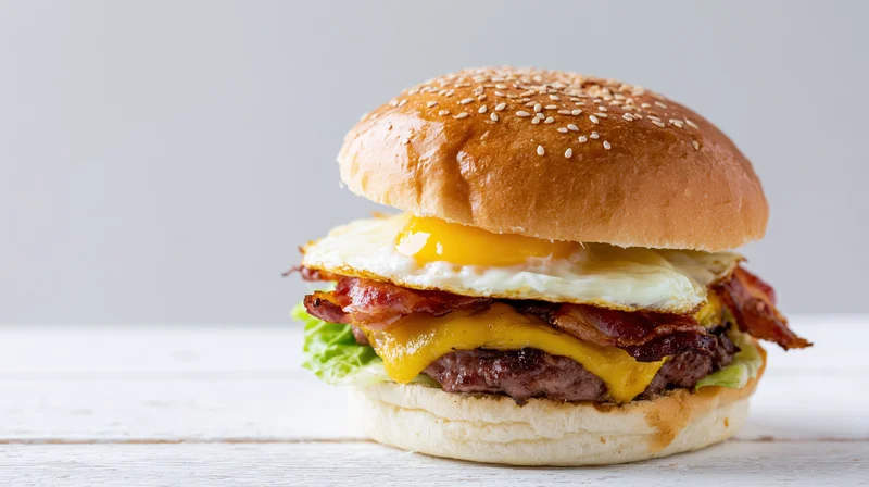 Breakfast burger with fried egg and bacon on a sesame bun on a white wooden surface