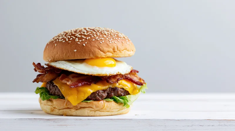 Stacked breakfast burger with fried egg and bacon on sesame bun on white wooden surface