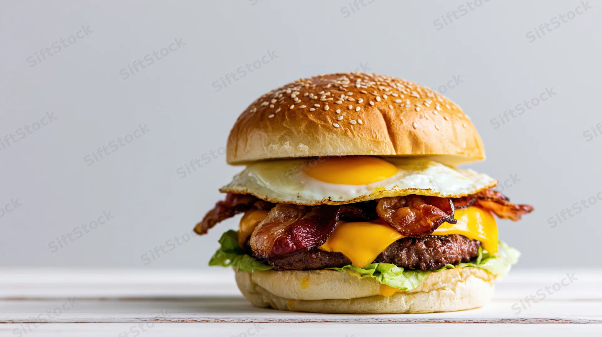 Stacked breakfast burger with fried egg and bacon on sesame bun on wooden surface