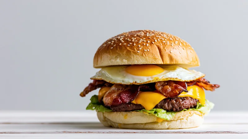 Stacked breakfast burger with fried egg and bacon on sesame bun on wooden surface