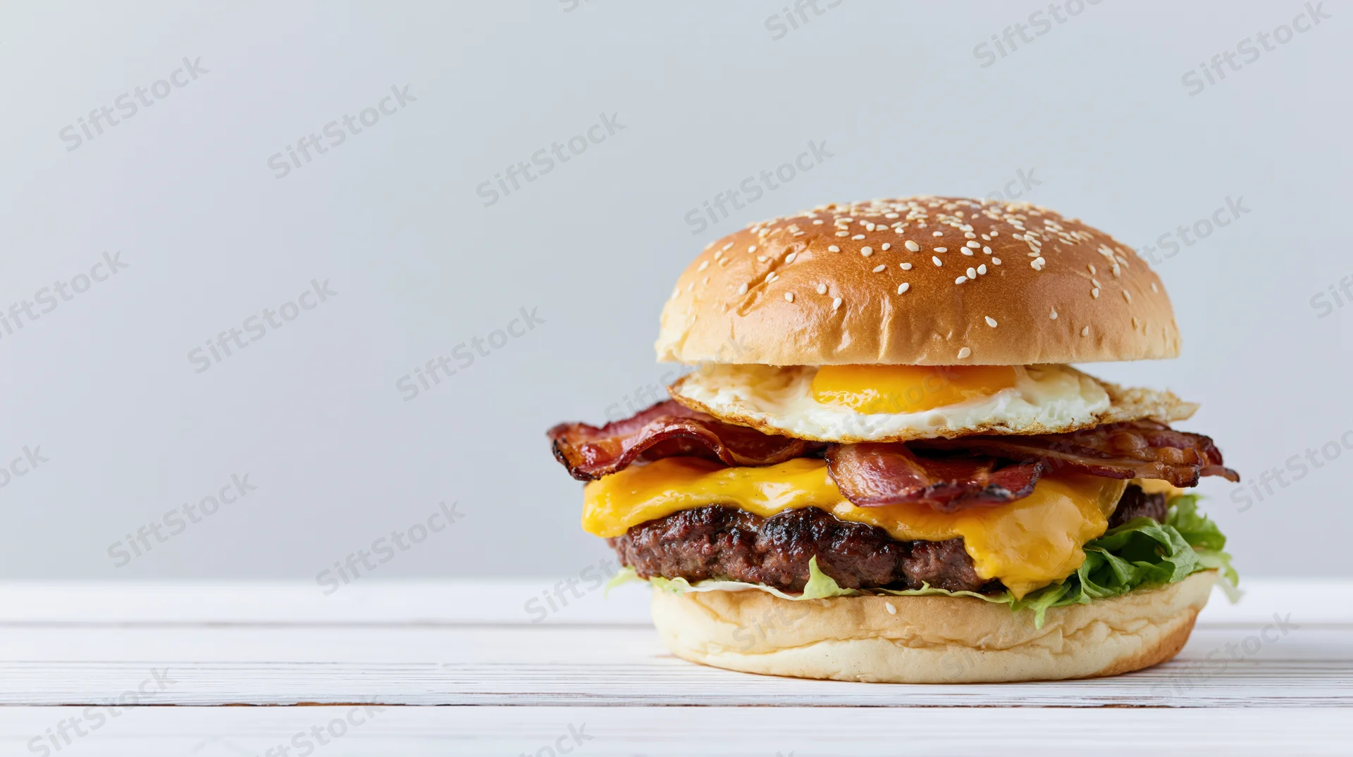 Stacked breakfast burger with fried egg and bacon on a white wooden surface