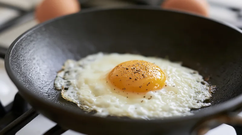 Sunny-side-up egg frying in a black nonstick pan on a gas stove