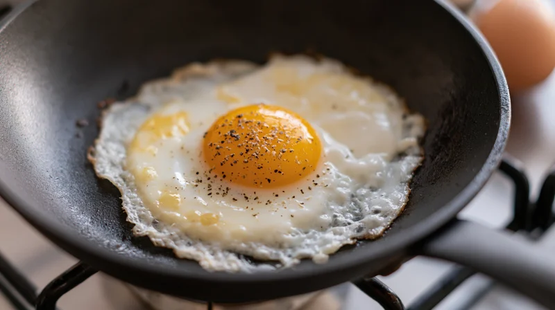Sunny-side-up egg frying in a black nonstick pan on a stovetop