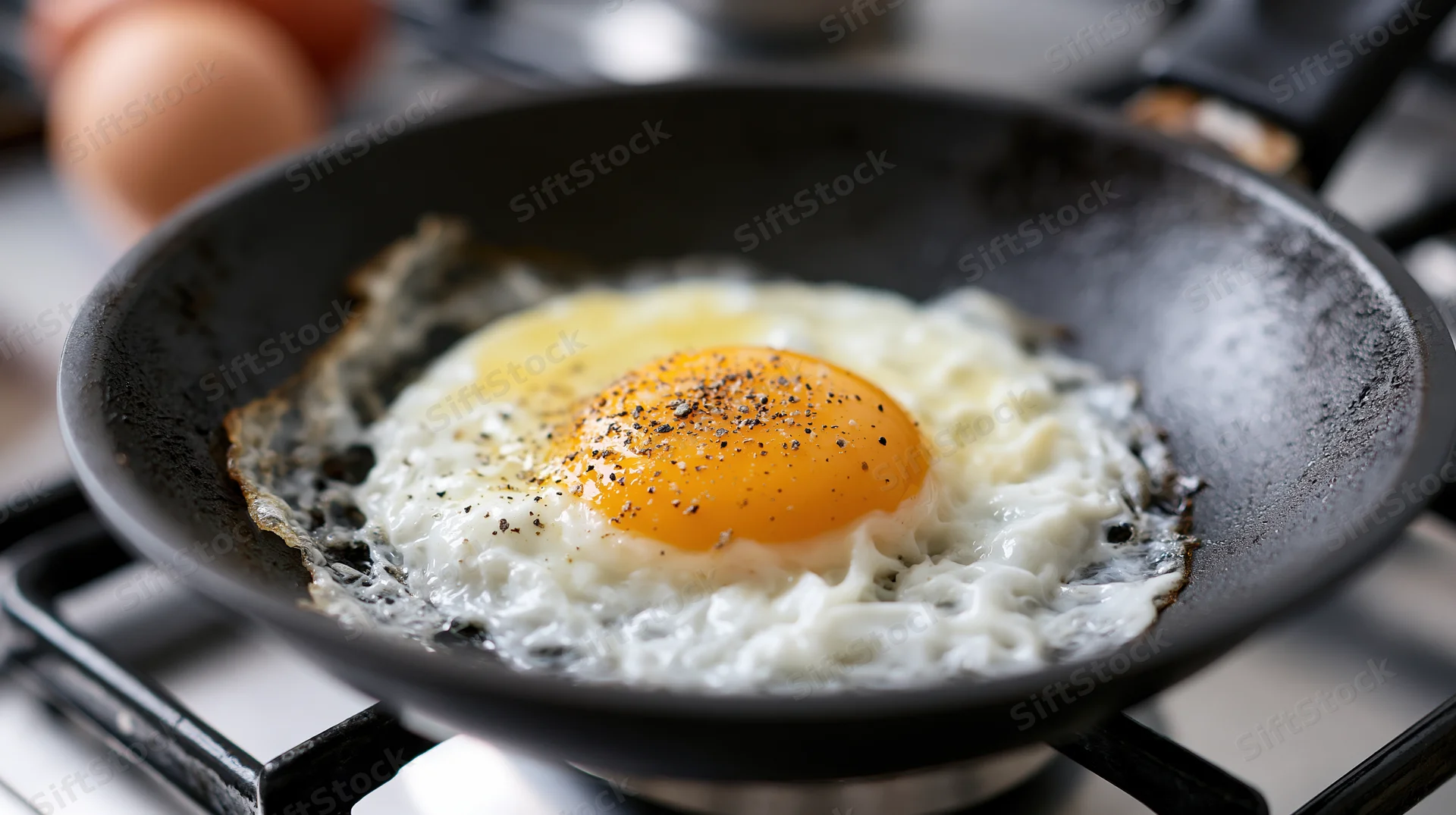 Sunny-side-up egg frying in a black nonstick skillet on a gas stove