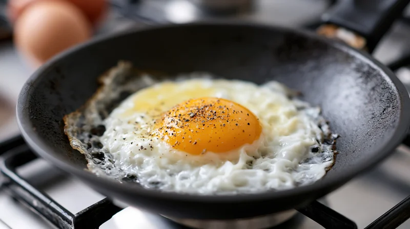 Sunny-side-up egg frying in a black nonstick skillet on a gas stove