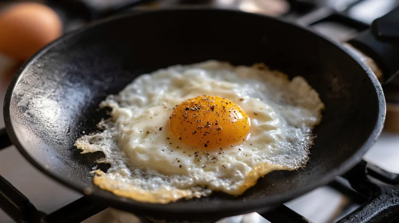 Sunny-side-up egg frying in a black nonstick pan on a gas stove
