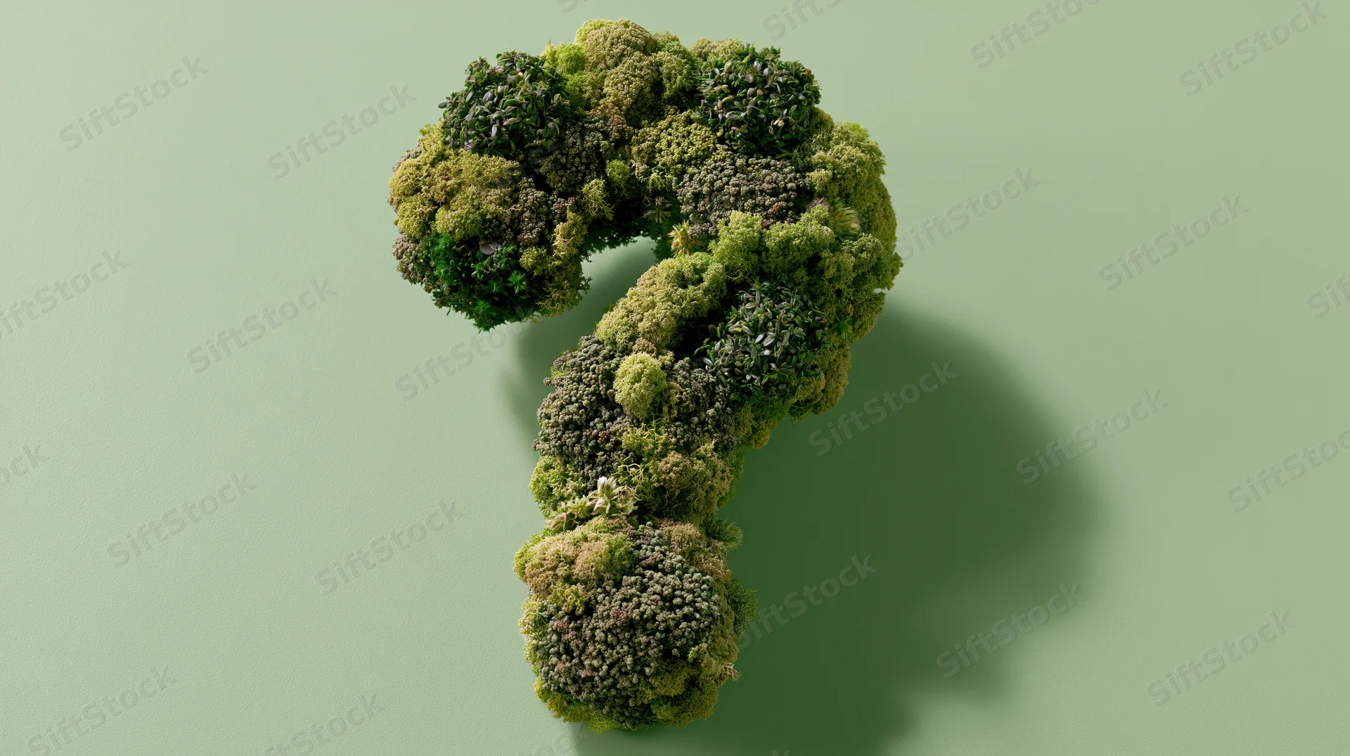Broccoli arranged in a question mark shape on a green background