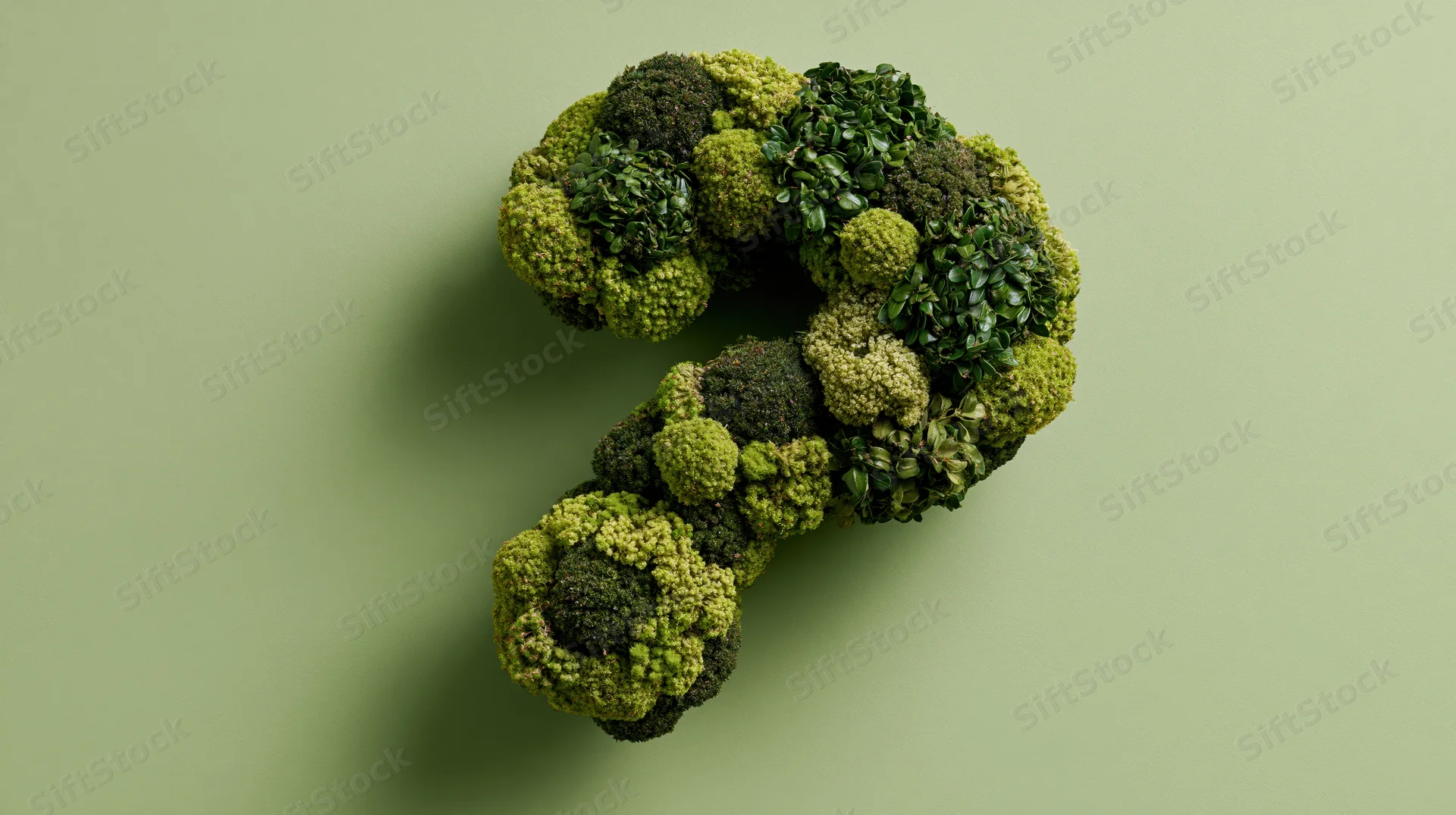 Broccoli arranged in a question mark shape on a green background