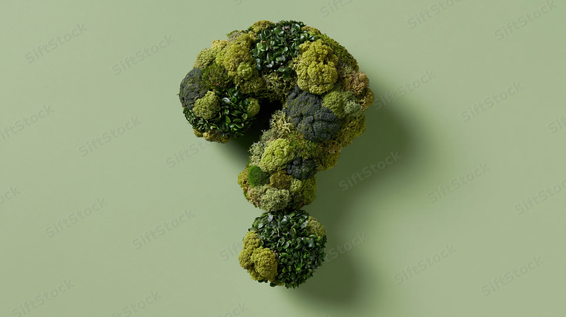 Three-dimensional moss-covered question mark sculpture on green background