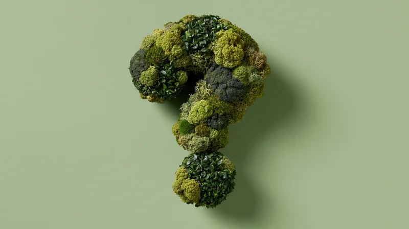 Three-dimensional moss-covered question mark sculpture on green background