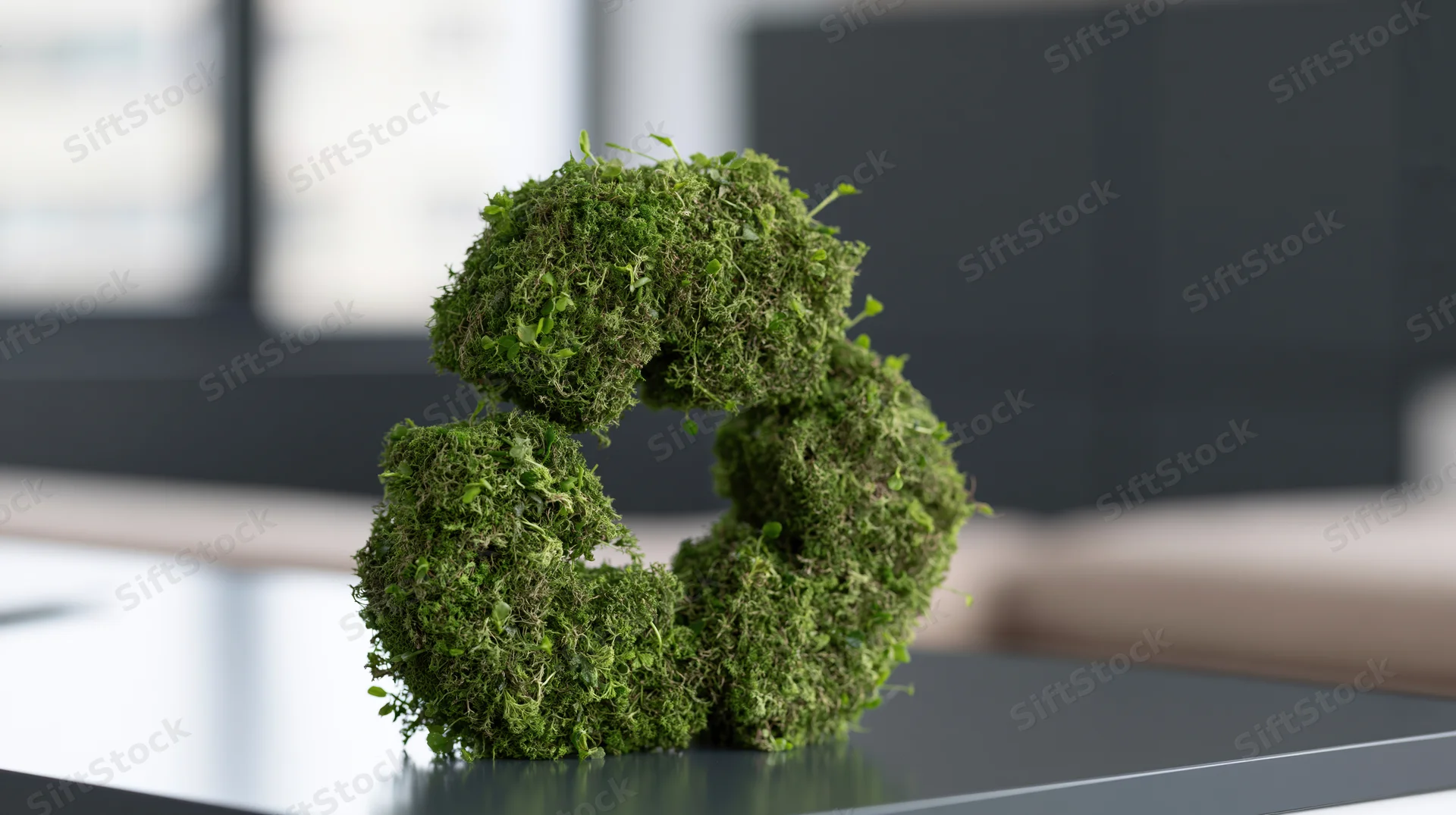 Moss-covered recycling symbol on a desk in an office interior