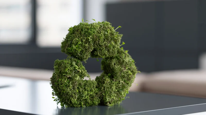 Moss-covered recycling symbol on a desk in an office interior