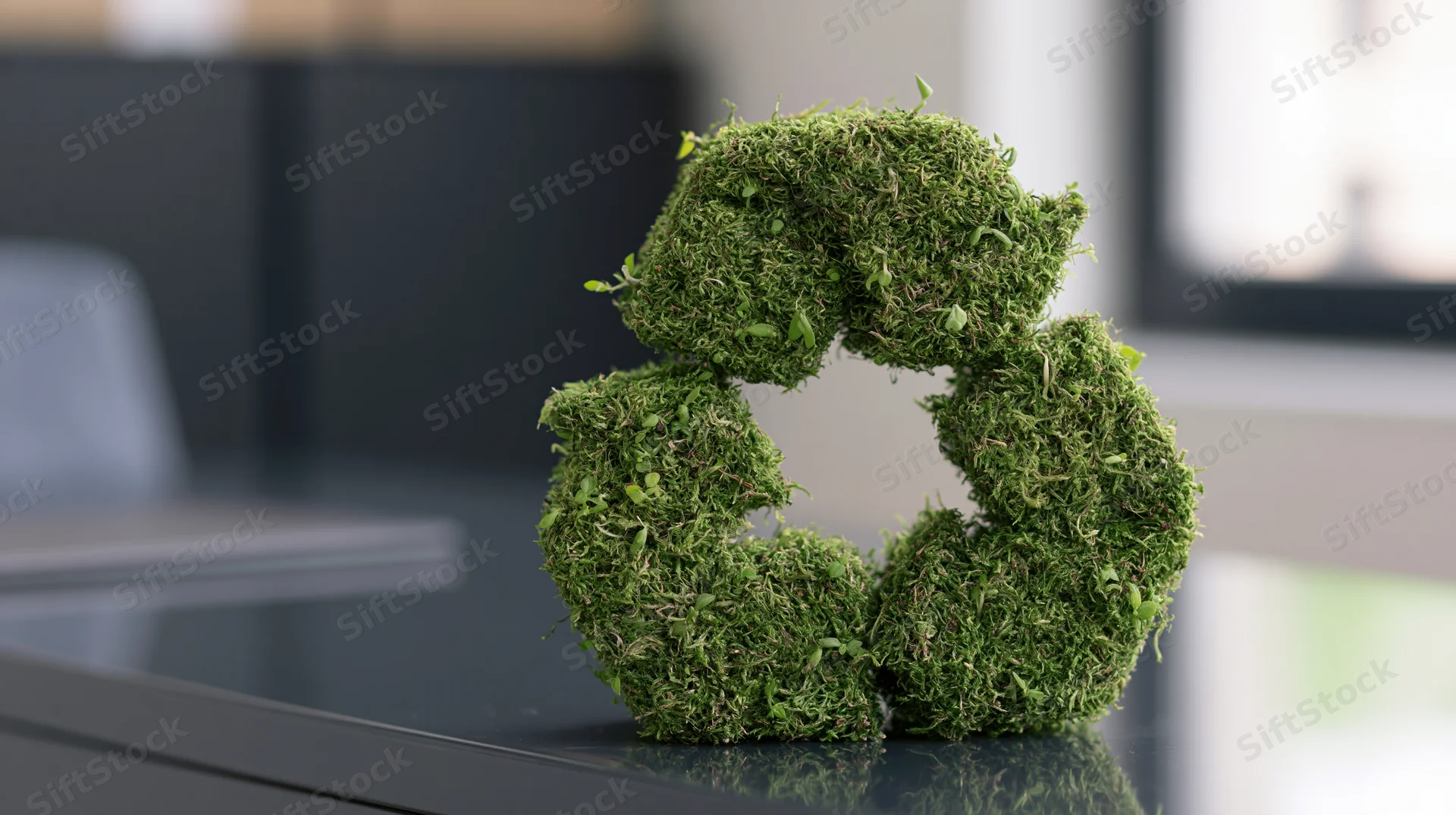 Moss-covered recycling symbol on a desk in an office interior