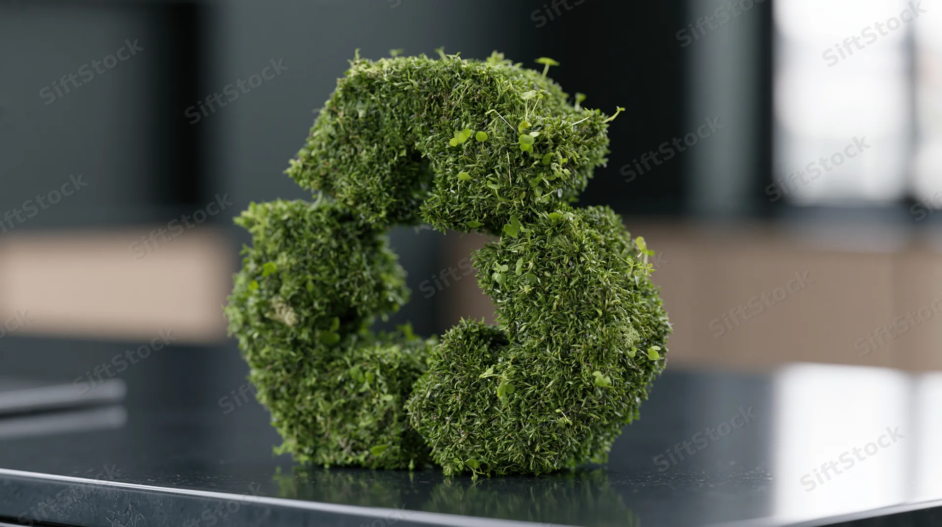 Moss-covered recycling symbol on a black desk surface