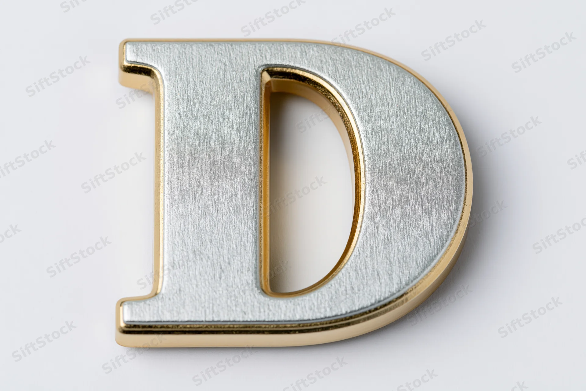 Three-dimensional uppercase letter d with matte silver face and gold edges on white background