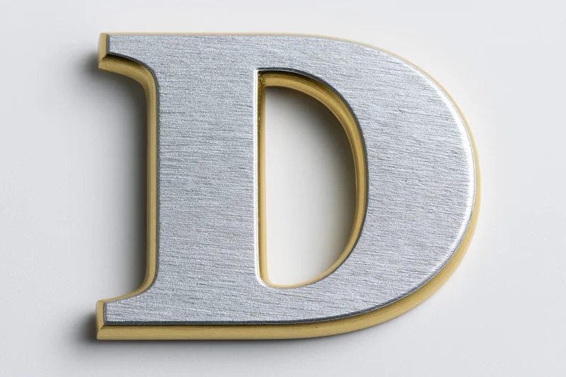 Three-dimensional uppercase letter d with brushed silver face and gold trim on white background